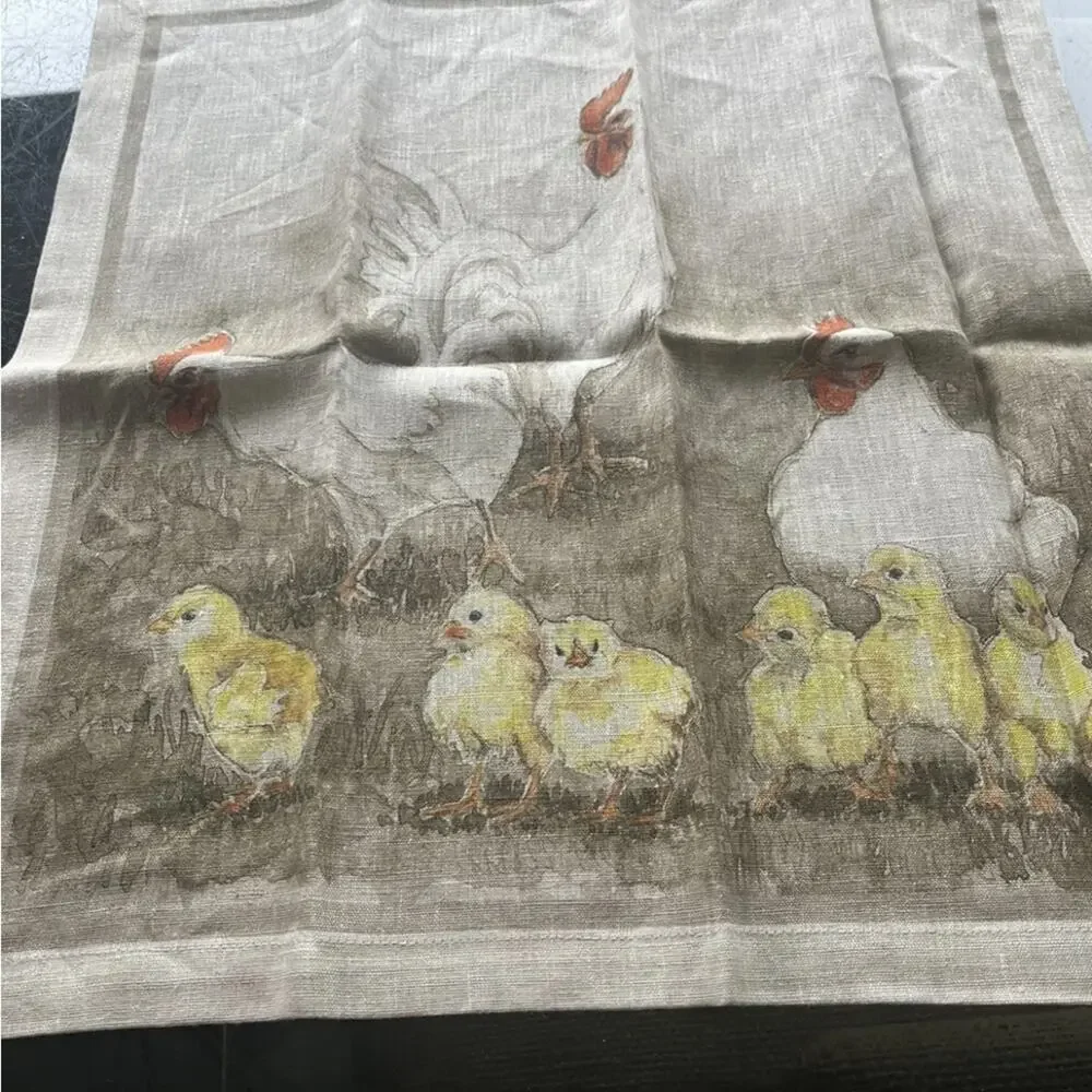 Williams Sonoma Volaille Tablecloth 100% Linen 70 x 108 Animals Rabbit Ducks NWT